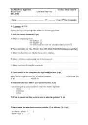 English Worksheet: mid term one test for third year