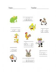 English Worksheet: Farm Animals - Trace, Fill-in Missing Letters, and Match