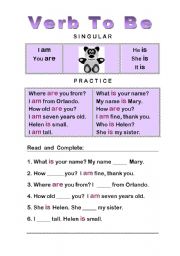 English Worksheet: Verb To Be  Singular 