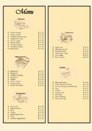 English Worksheet: Menu in a restaurant - ordering food