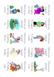 English Worksheet: More Present Continuous Go Fish! cards 21-40 of 100 with instructions