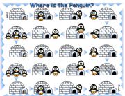 English Worksheet: Where is the Penguin Preposition Board Game with Dice and Bookmarks