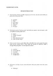 English Worksheet: SPEAKING TOPICS FOR ELEMENTARY AND PRE-INTERMEDIATE LEVELS