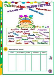 English Worksheet: Days of the week, months, seasons, weather and celebrations