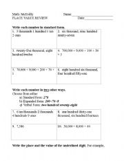 English Worksheet: Place Value
