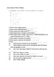 English worksheet: Planets Works Sheet