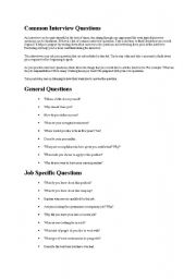 English worksheet: common interview questions