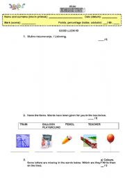 English worksheet: test fot the 4th grade (colours, numbers 1-10, school objects