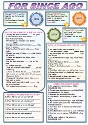 English Worksheet: FOR SINCE AGO