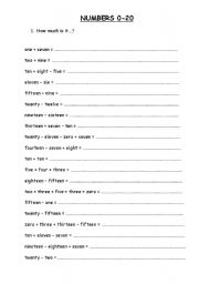 English worksheet: numbers 0-20
