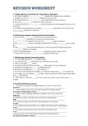 English Worksheet: Degrees of adjectives/adverbs, verb tenses, prepositions, connectors 