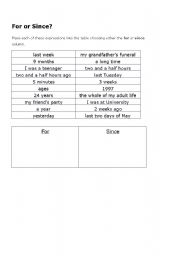 English worksheet: since and for