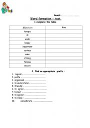 English worksheet: Word formation - Prefixes, making nouns. Test.