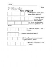 English Worksheet: Seven Words: Parts of Speech