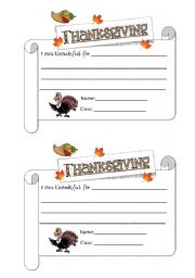 English Worksheet: THANKSGIVING - Im thankful for...