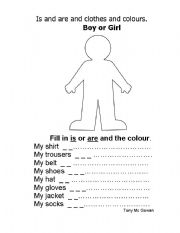 English worksheet: Is and Are with clothes and colours.