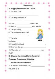 English Worksheet: B. Choose the correct form (Personal Pronoun, Possessive Adjective  or Possessive Pronoun.
