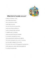 English Worksheet: What kind of traveler are you?