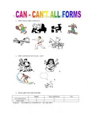 English Worksheet: CAN - CANT ALL FORMS