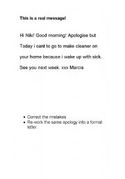 English worksheet: Apology message, authentic