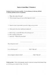 English Worksheet: Poem: Back to  school blues.