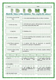 English Worksheet: --*--*--*-- Idioms 07! --*-- Animals --*-- Definitions + Exercise --*-- BW Included --*--*--*-- FULLY EDITABLE WITH KEY!