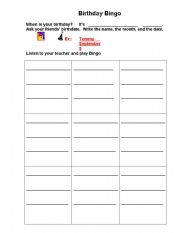 English worksheet: Birthday Bingo