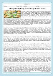 English Worksheet: TEST- IS EUROPE FINALLY READY FOR GENETICALLY MODIFIED FOODS?-VERSION A