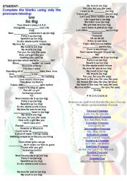 English Worksheet: PRONOUNS WITH THE SONG SO BIG