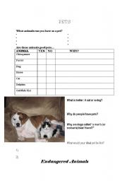 English Worksheet: Pets, Endangered animals, and zoos