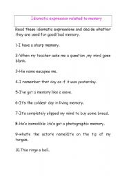 English Worksheet: Idiomatic expressions related to school/family  memory.