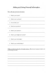 English worksheet: personal information