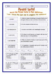 English Worksheet: > Phrasal Verbs Practice 81! > --*-- Definitions + Exercise --*-- BW Included --*-- Fully Editable With Key!