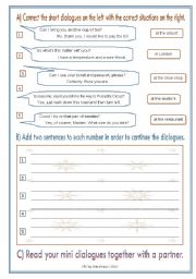 English Worksheet: Help your students to increase their speaking skills!!  DIALOGUES IN DIFFERENT SITUATIONS  answer key included  completely editable  GOOD FOR ADULTS, TOO!