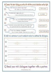 Help your students to increase their speaking skills!!  DIALOGUES IN DIFFERENT SITUATIONS  answer key included  completely editable  GOOD FOR ADULTS, TOO!