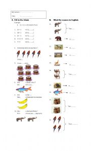 English worksheet: remember the number and write the animals