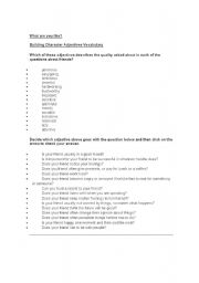 English worksheet: What are you like? Building Character Adjective Vocabulary