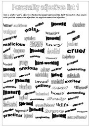 English Worksheet: Personality adjectives, list 1