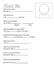 English Worksheet: About Me