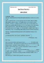 English Worksheet: end term test n*1 7th form