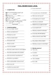 English Worksheet: REVIEW EXERCISES BASIC LEVEL