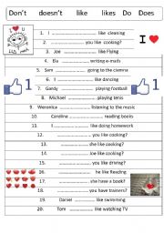 English Worksheet: present simple do / dont / does / doesnt / like / likes 