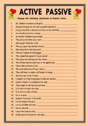 English Worksheet: Exercises on ACTIVE PASSIVE VOICE (EDITABLE with KEY)