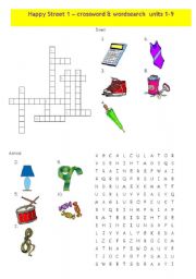 English worksheet: Happy Street 1 -Vocabulary Crossword and Wordsearch- units 1 to 9