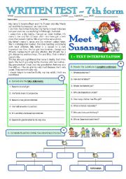 English Worksheet: MEET SUSANNA - A 2page test for my 7 graders (3 years of English) greyscale + key