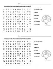 English worksheet: Kindergarten Thanksgiving Word Search 