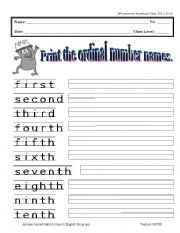 English Worksheet: ordinal number writing page