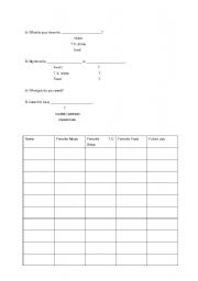 English worksheet: Partner Interview - Food, music, T.V. show, furture job