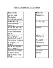 English Worksheet: Basketball, match the question to the answer