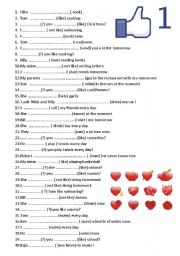 English Worksheet: 120 sentences Will do does like likes now present simple present continous future simple